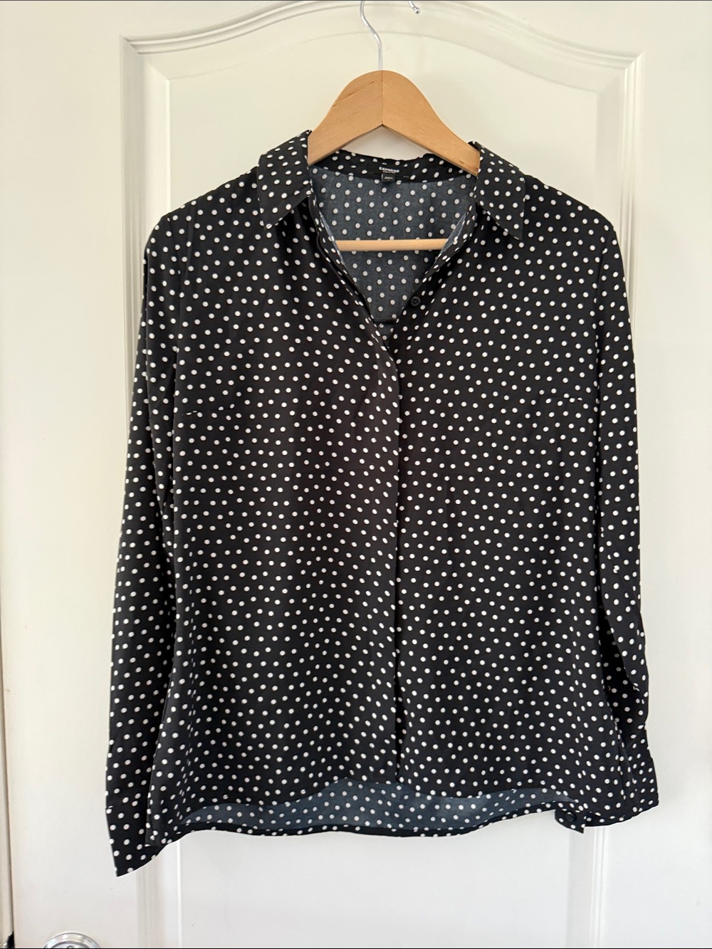 Express Men's Black Button-Down Shirt with White Polka Dots